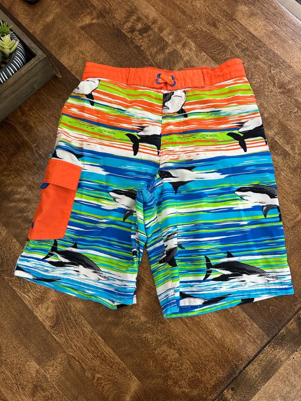 Boys Vibrant Shark Print Swim Trunks with Orange Waistband 10/12